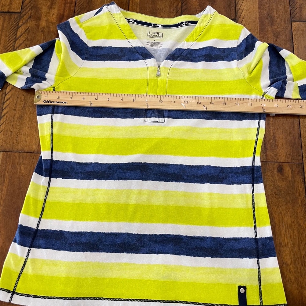 Lauren Ralph Lauren Pullover Women Large Lime Navy 3/4 Sleeve Stripe Zip Top - Picture 7 of 10